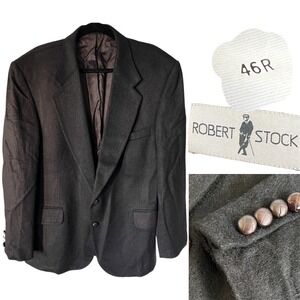 Vintage Robert Stock Men's 46R Black Wool Sport Coat Blazer Jacket Tweed Classic